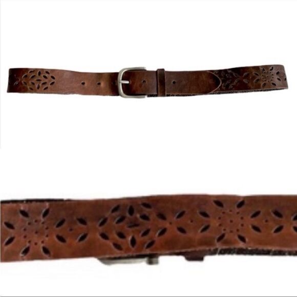 VINTAGE Brown Perforated Boho Leather Belt Silver Buckle XL - Picture 2 of 7
